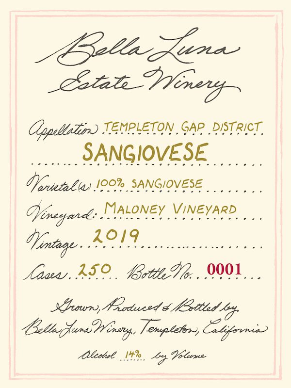 Close-up of a sophisticated wine label featuring an elegant design for a 2019 Sangiovese. The label showcases rich burgundy and gold tones, with subtle embossing and intricate typography, evoking a sense of timeless tradition. A tasteful representation of the Sangiovese grape's allure and the vintage's exceptional character