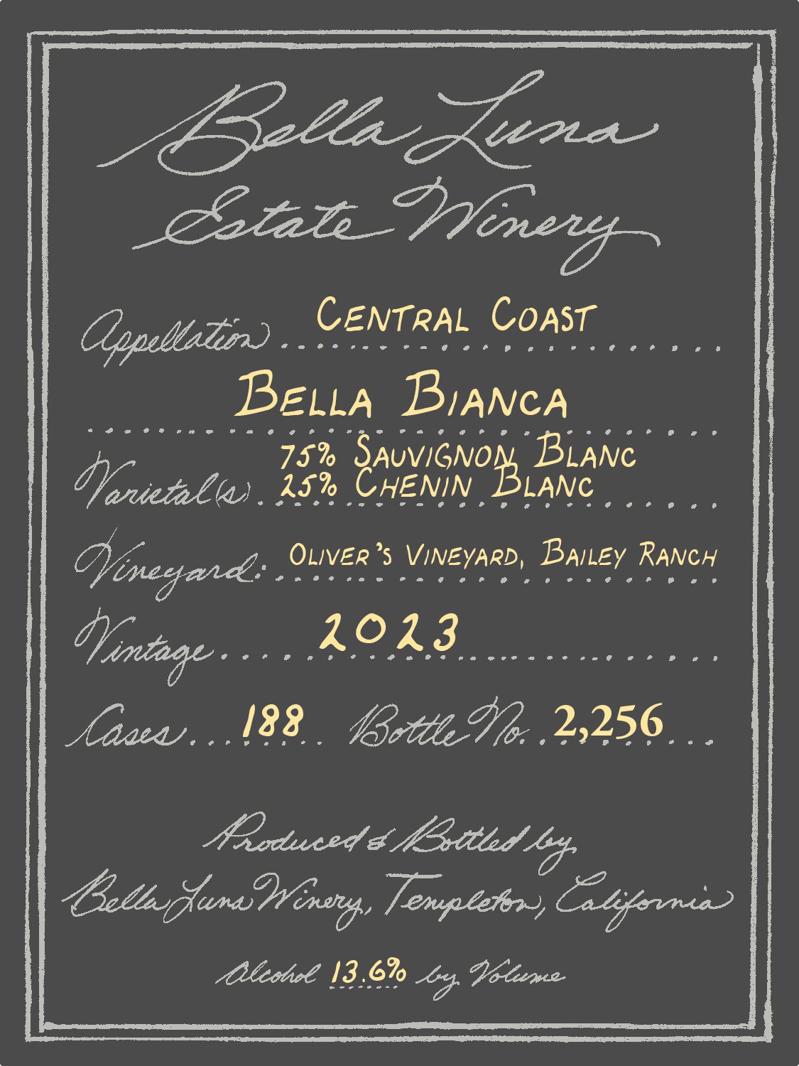 Indulge your senses with the 2022 Chardonnay from Bella Luna Estate Winery, a sensory journey crafted from the sun-kissed vines of Vista Verde Vineyard in San Benito County. This Chardonnay, nurtured in the embrace of Cropley, San Benito/Series (Clay Loam) soils, reflects the essence of its terroir. Grown on a charming hillside, the vines, matured for over two decades, infuse each sip with the wisdom of time. Let the golden elixir transport you to the picturesque vineyards and savor the delicate dance of flavors that define this exceptional vintage.